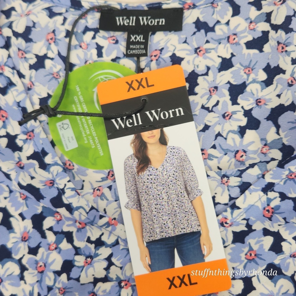 New With Tags Ladies' Size XXL V-Neck Pleated Blouse, Periwinkle‎ Blue Print - Picture 6 of 8